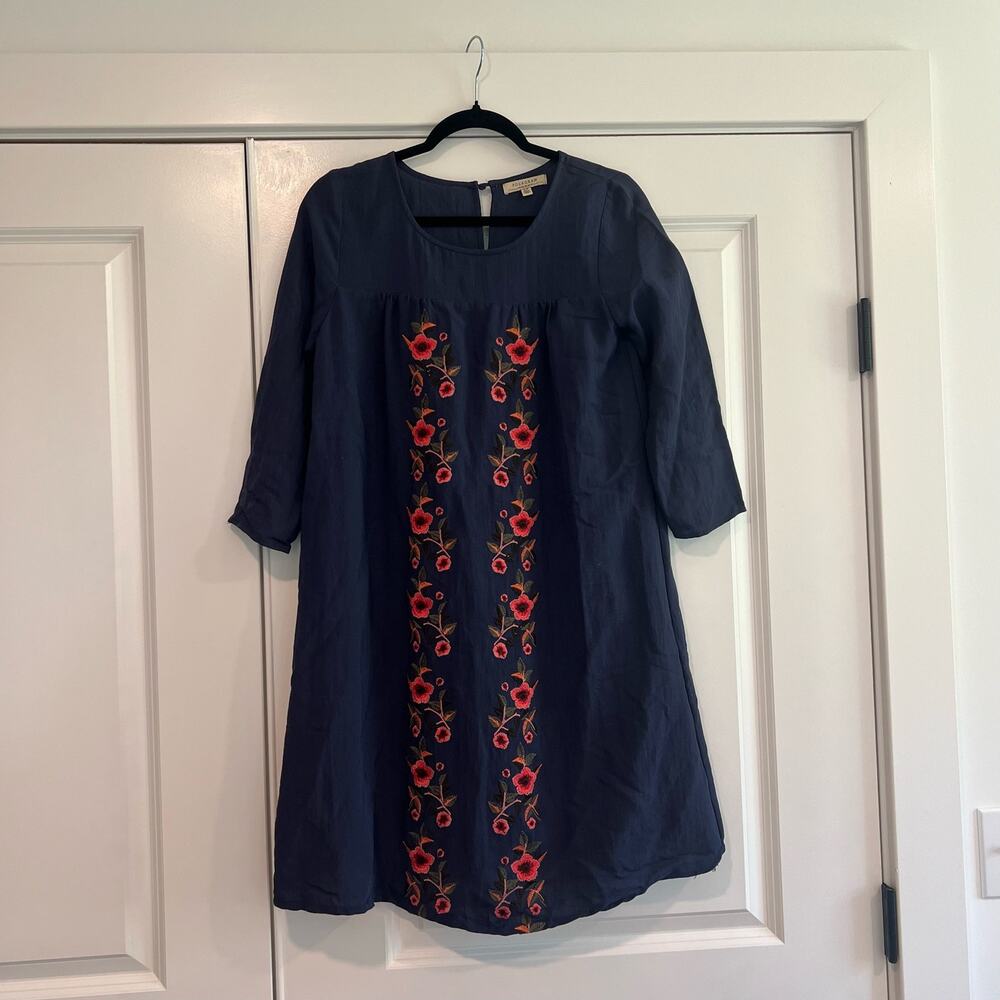 Polagram Women's 3/4 Sleeve Navy Dress Pink Embroidery Size‎ Small